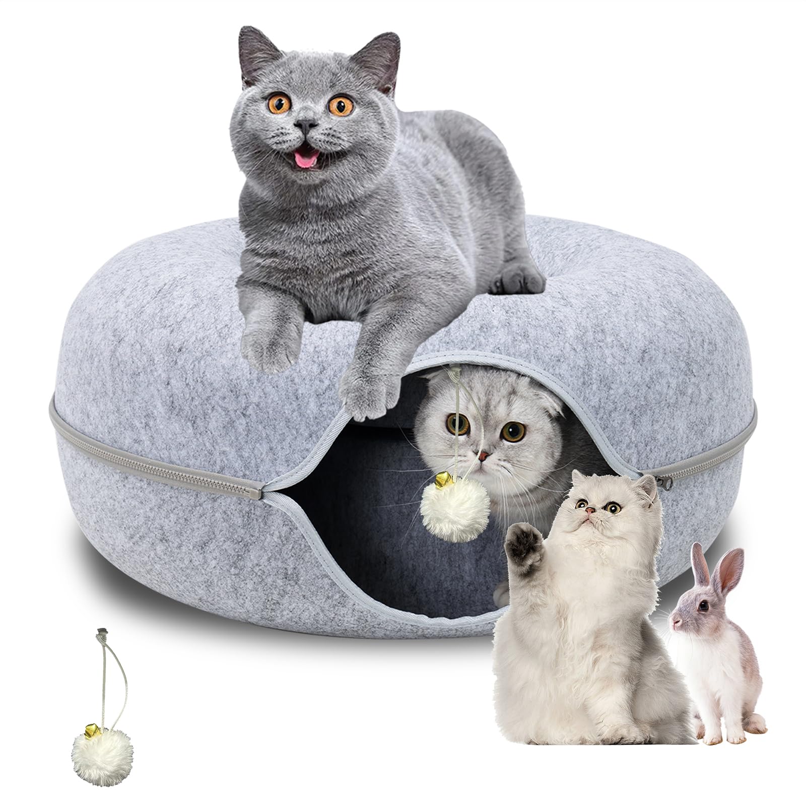 Cat Tunnel Bed, Cat Tunnel, Jia Xi Indoor Cat Hideout, Donut Cat Bed, Universal for All Seasons Cat Condo and Cat Cave(24 in * 24 in* 11 in) Light Grey