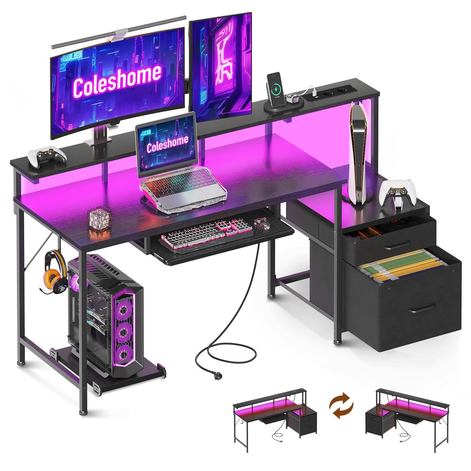 Coleshome Scrivania Gaming con LED e Prese, 140x48cm Scrivania con 2 Cassetti, Tavolo Computer Reversibile con Supporto Monitor e Vassoio per Tastiera Ufficio Casa, Nero