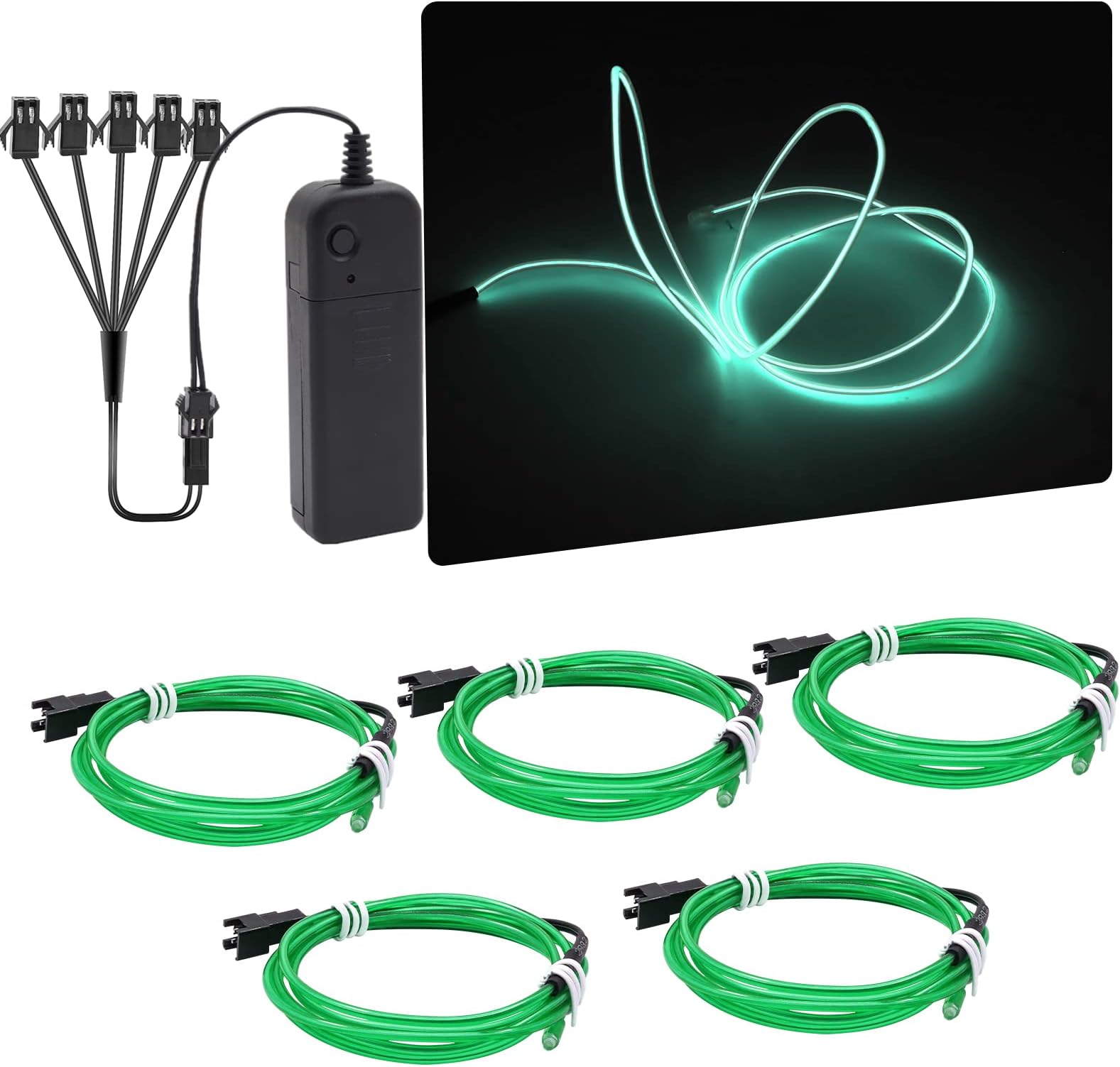 EL Wire Neon Lights, 5 in 1(3.28Ft Each) Electroluminescent EL Wires Set for Holiday, Party, DIY Decoration, Warning Sign, 3 Operation Modes(Green)