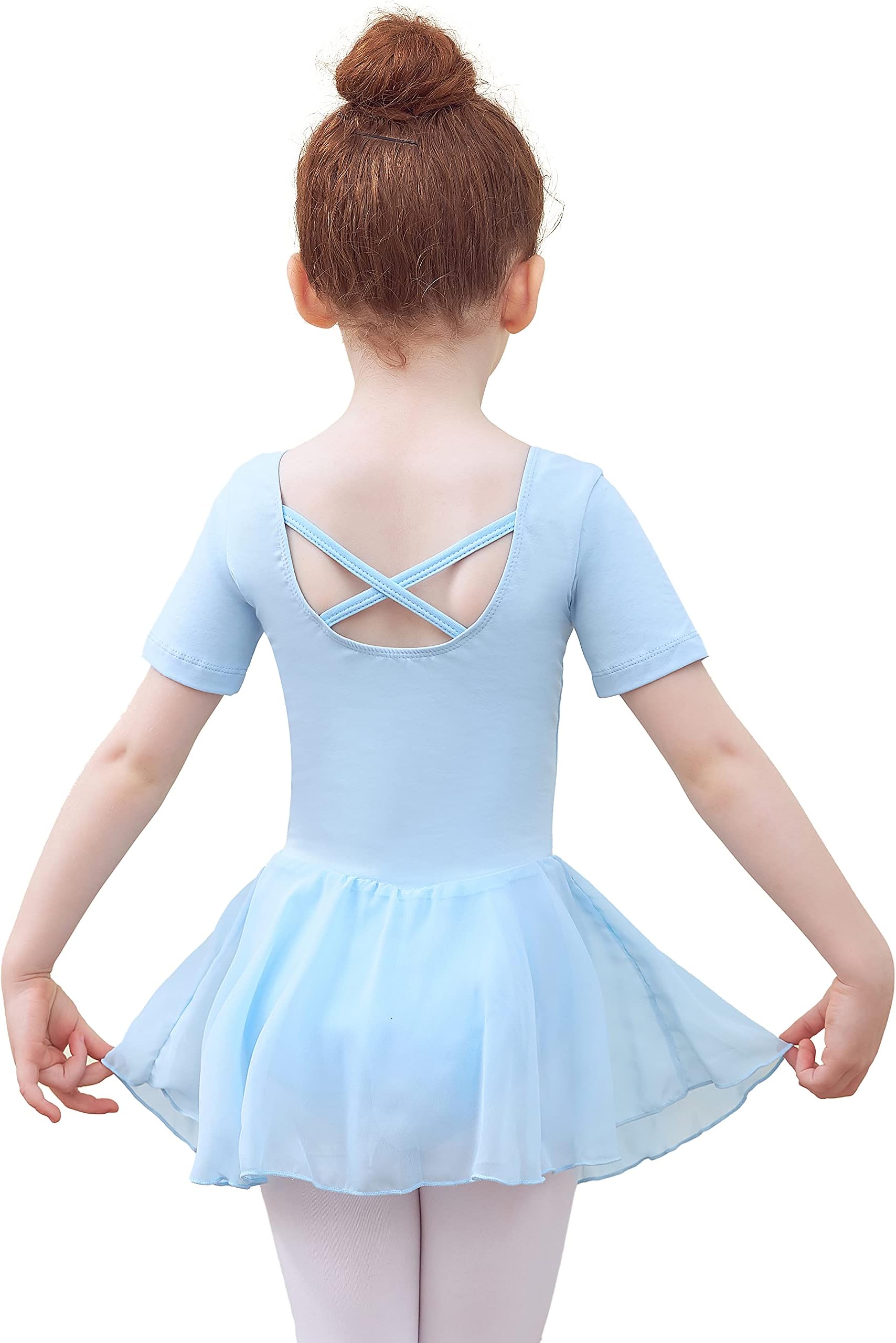TancefairGirls Ballet Dress Kids Ballet Leotard Dress Children V-Neck Short/Long Sleeve Gymnastics Costume Dancewear with Chiffon Skirt
