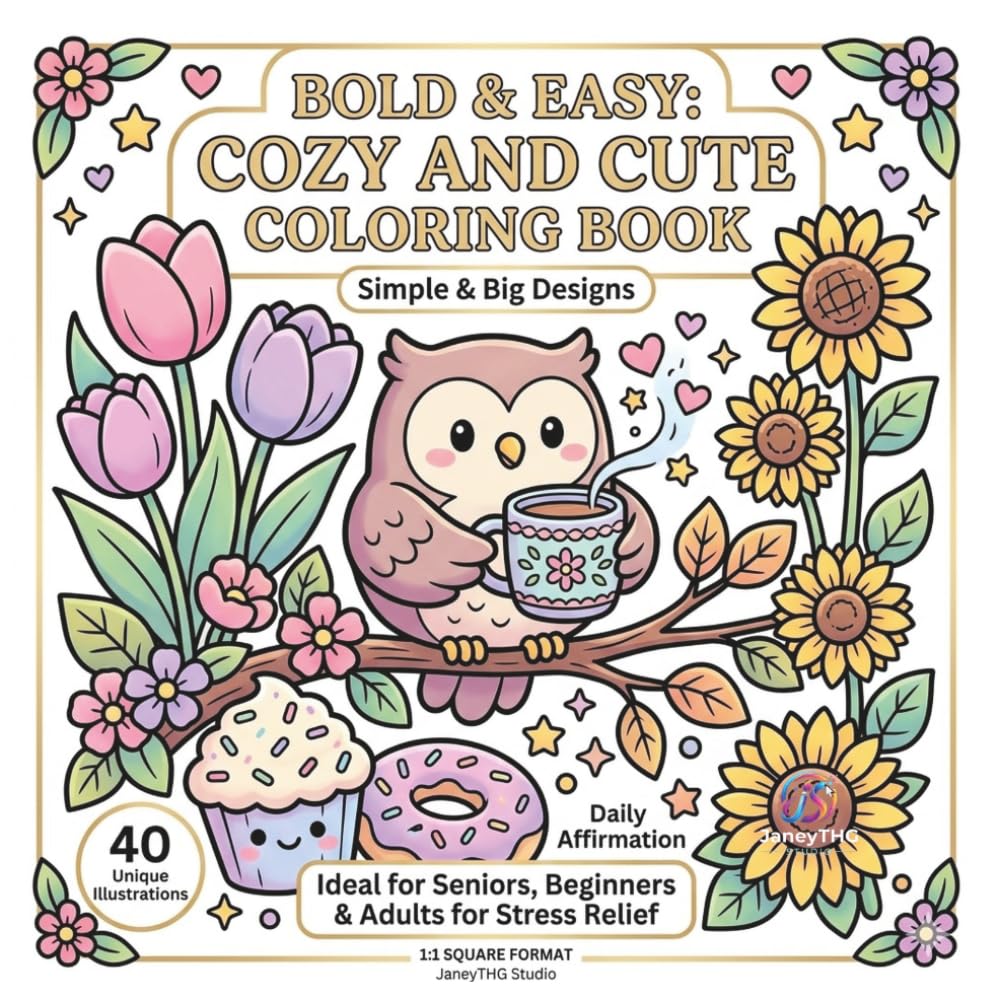 Bold & Easy Cozy and Cute Coloring Book: 40 Simple Design