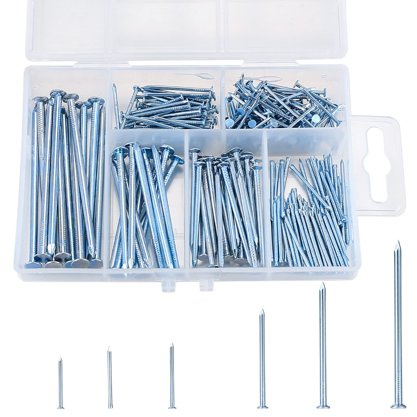 280 Pcs Silver Nails Assortment, Wall Pictures Pins Tacks Nails for Wood, Finishing Nails Hardware Fasteners Accessories for Hanging Picture Frame Mirror Pins Tacks Nails - 6 Sizes