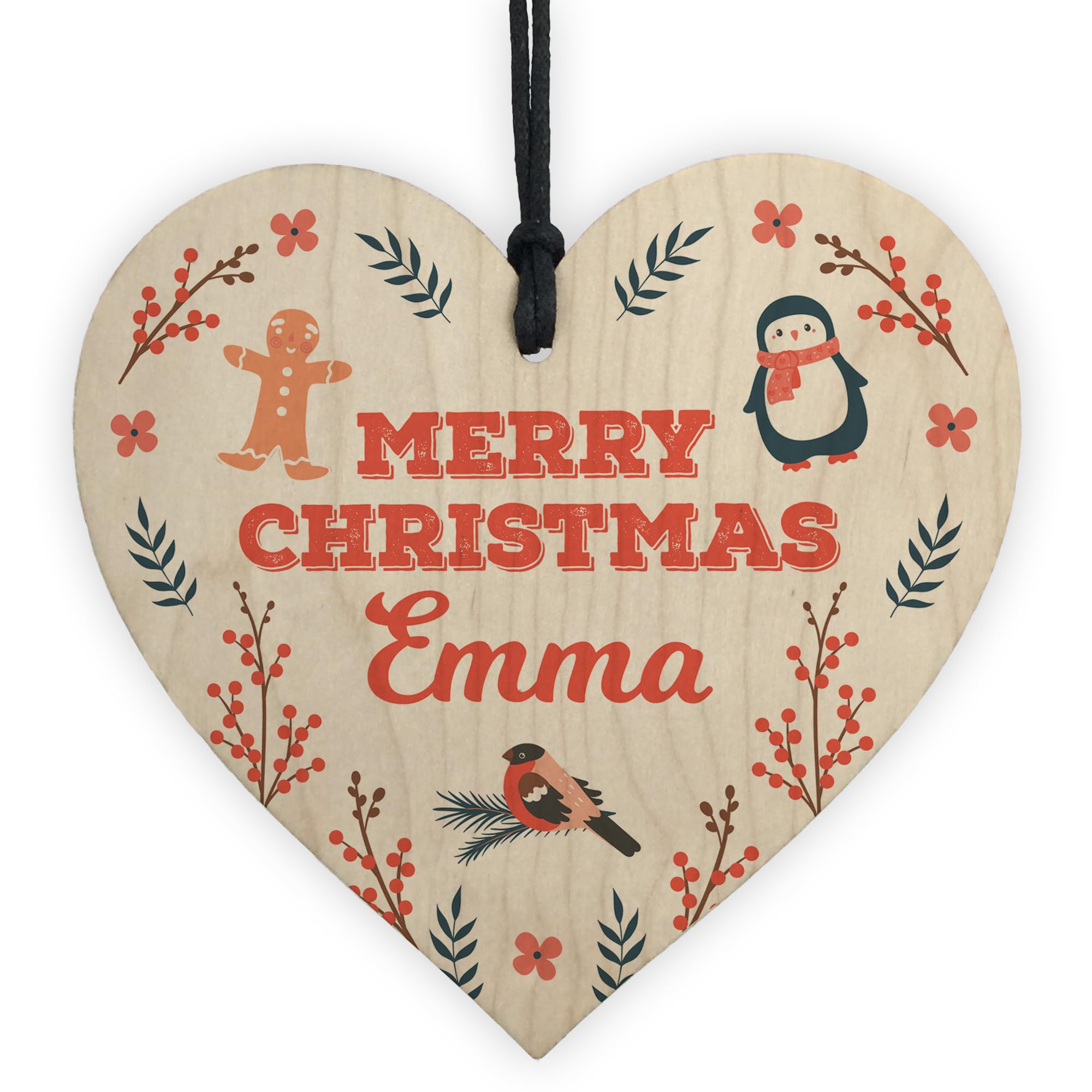 Red Ocean Merry Christmas Personalised Friends Family Colleagues Gift Wooden Heart Decoration, Secret Santa Gifts For Colleagues Friends, Personalised Gift Tag For Son Daughter Mum Dad (Design 4)