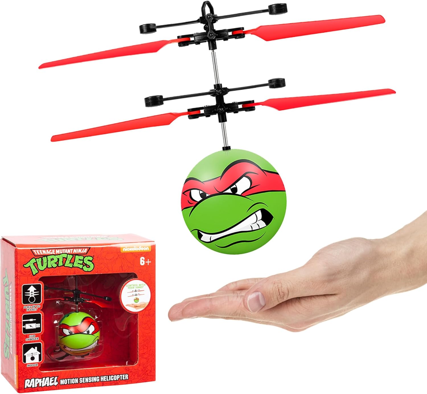 World Tech Toys Ninja Turtles Raphael Flying Toy – Motion Sensing Flying Ball with USB Charging - TMNT Licensed - Indoor/Outdoor Drone for Kids Ages 6+