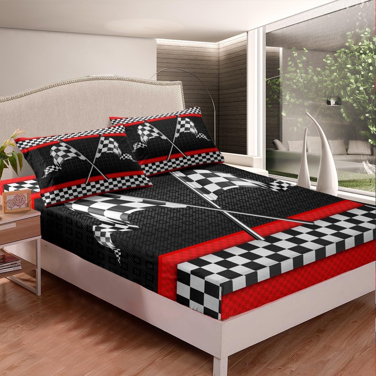 Castle Fairy Race Car Themed Bed Sheet Set King Size,Black White Checkered Flag Print Deep Pocket Fitted Sheet,1 Flat,2 Pillowcases,Red Stripes Geometric Grid Plaid Bed Mattress Cover, Bedroom Decor