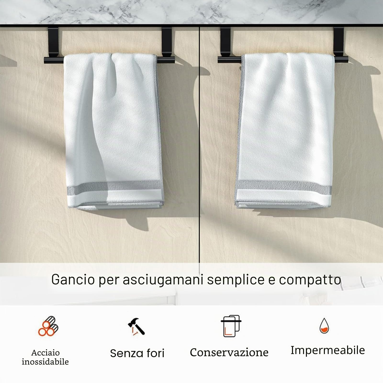 2 portasciugamani da porta, portasciugamani senza foratura, in acciaio inox, porta asciugamani da cucina, da appendere, per porta asciugamani, porta per cassetti, ante dell'armadio