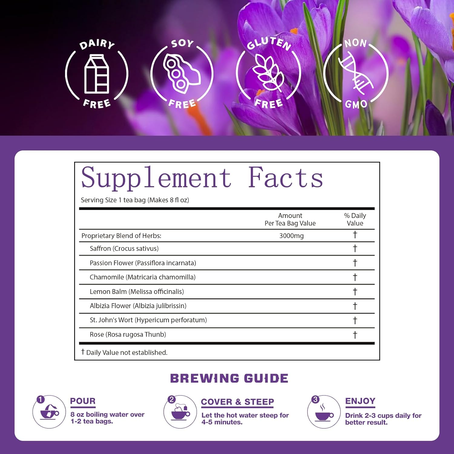 VailHerbTea Saffron Extract Tea Bags for Mood Support, 7-in-1 Herbal Tea with Lemon Balm, Passion Flower & St. John's Wort Support Focus and Energy. Caffeine-Free Tea - 50 Count - Image 2