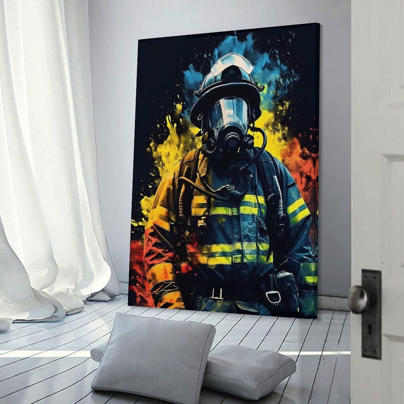 Junmoney Canvas Wall Art Firefighter Colorful, 08x12inch(20x30cm), for New Homes, Bedrooms Or Workspaces, Canvas Artwork with Gifting Potential