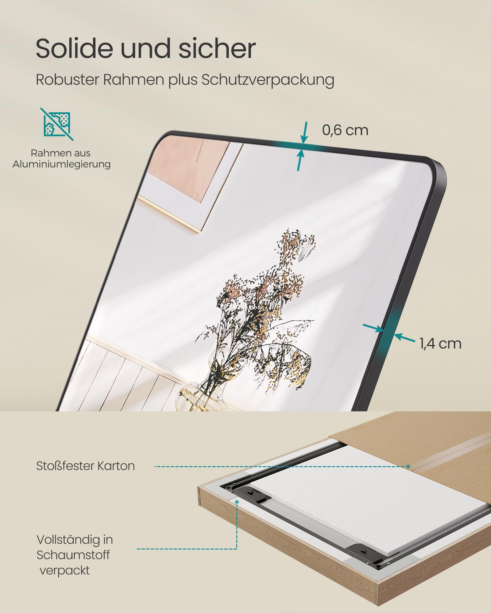SONGMICS Ganzkörperspiegel, 160 x 50 cm, rechteckiger Standspiegel, Rahmen aus Aluminiumlegierung, Hartglas, für Schlafzimmer, Wohnzimmer, Garderobe, tintenschwarz LFM030B01