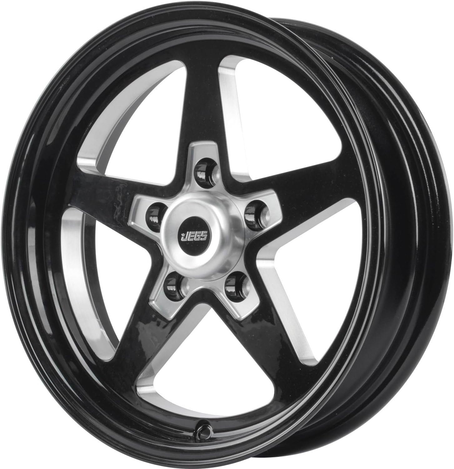 JEGS SSR Star Aluminum Wheel 15in.x 4in.| 5 x 4.5in.Wheel Bolt Pattern Spacing | -19 mm Offset | 1.75in.Backspacing | Gloss Black Powder Coat | 3.27in.Center Bore | Includes Center Cap