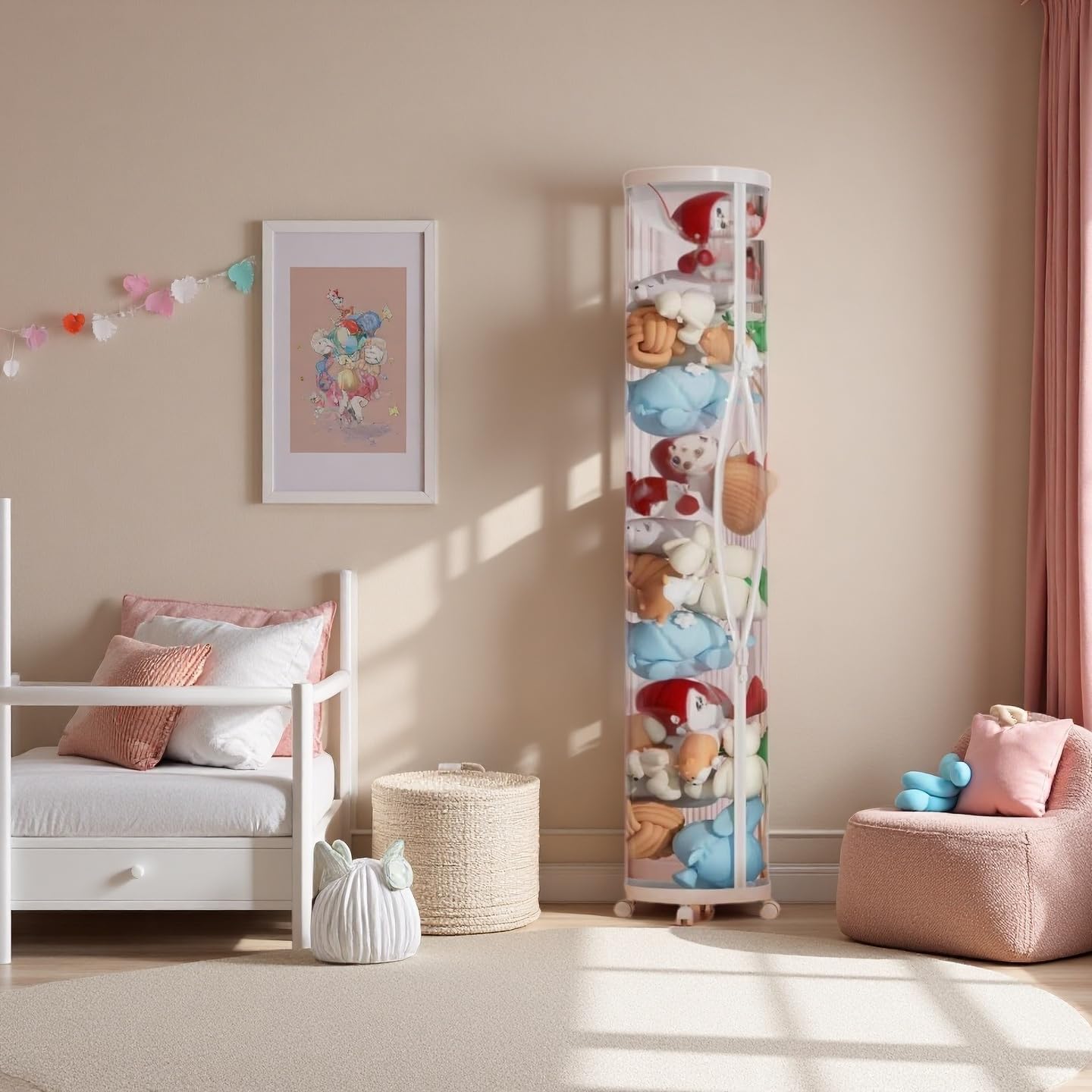 Large Stuffed Animal Storage Tube with Wheels, Tall Toy Organizer with Double Zipper, Clear PET Cylinder Container for Plush Toy Organization, Space Saving Kids Room Storage(White)