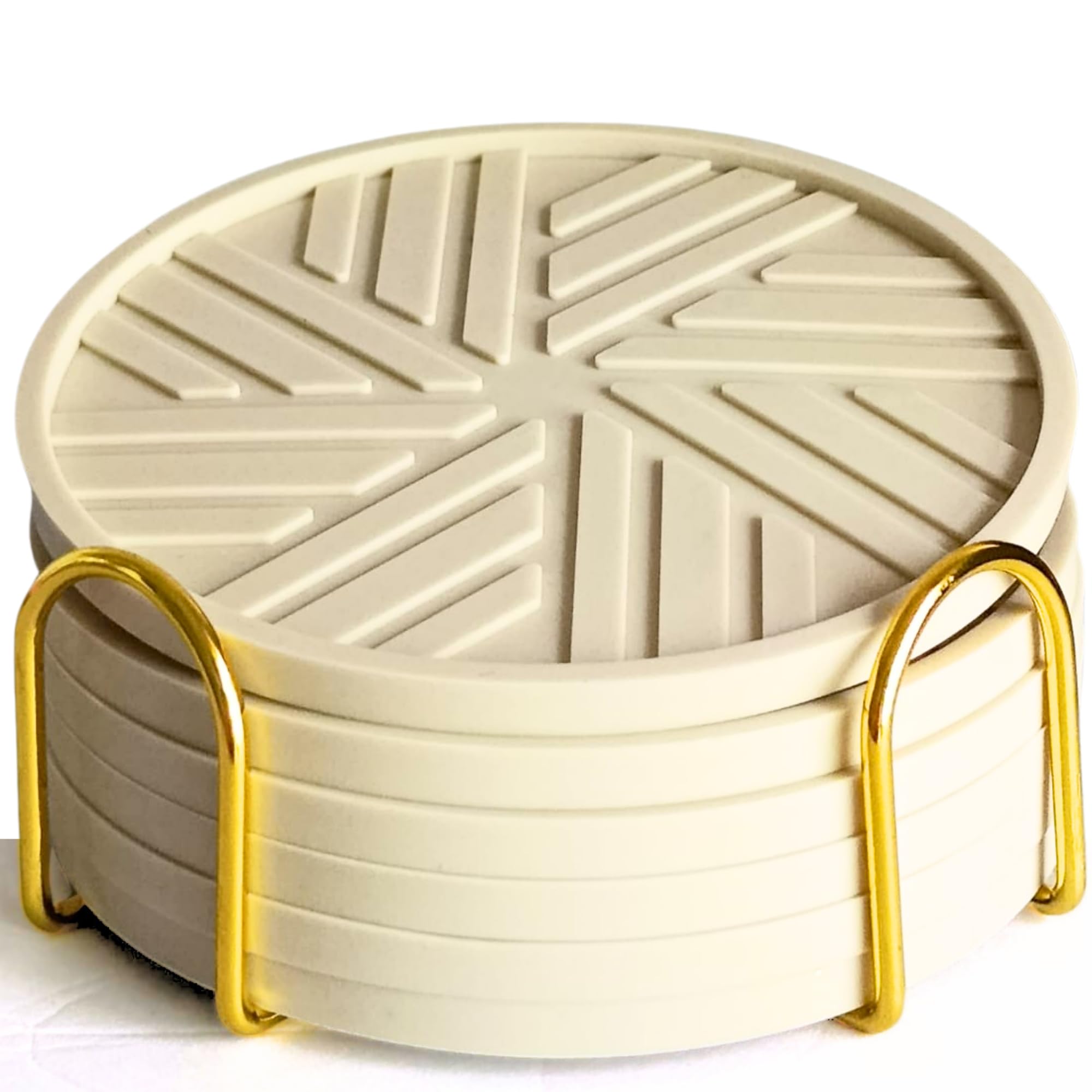 Silicone Coasters Set of 6 - with Gold Holder, smart Modern Grooved Pattern Protecs to Coffee Tables, Beige