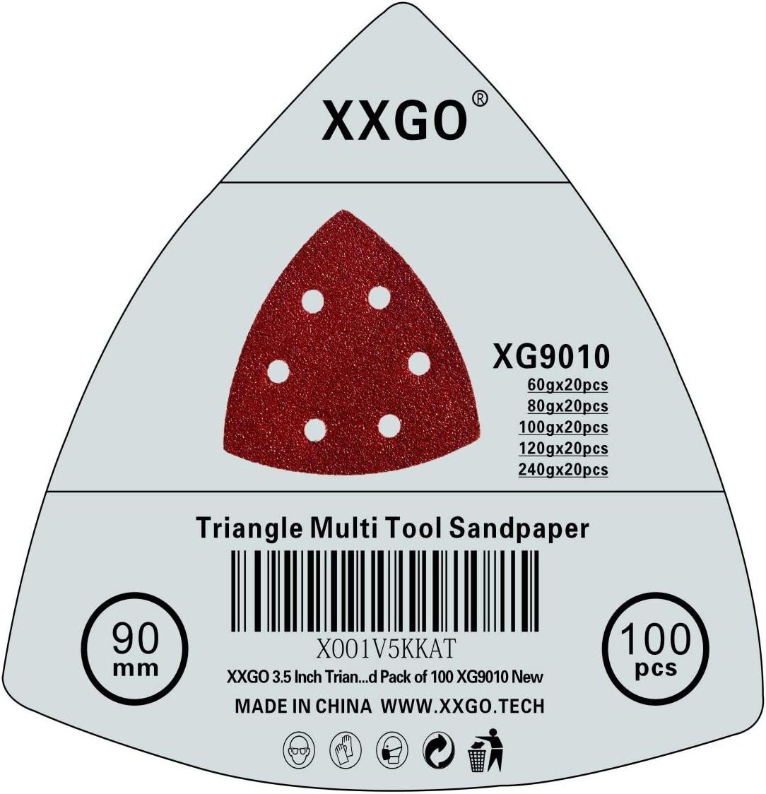 XXGO 3-1/2 Inch 90mm Triangular 60/80 /100/120 /240 Grits Hook & Loop Multitool Sandpaper for Wood Sanding Contains 20 of Each Fit 3.5 Inch Oscillating Multi Tool Sanding Pad Pack of 100 XG9010 - - 