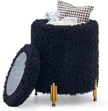 Round Storage Ottoman,Modern Foot Stool with Metal Legs,Vanity Stool with Soft Padded Seat,Side Table or Plant Stand for Hallway,Living Room Black-Long Wool
