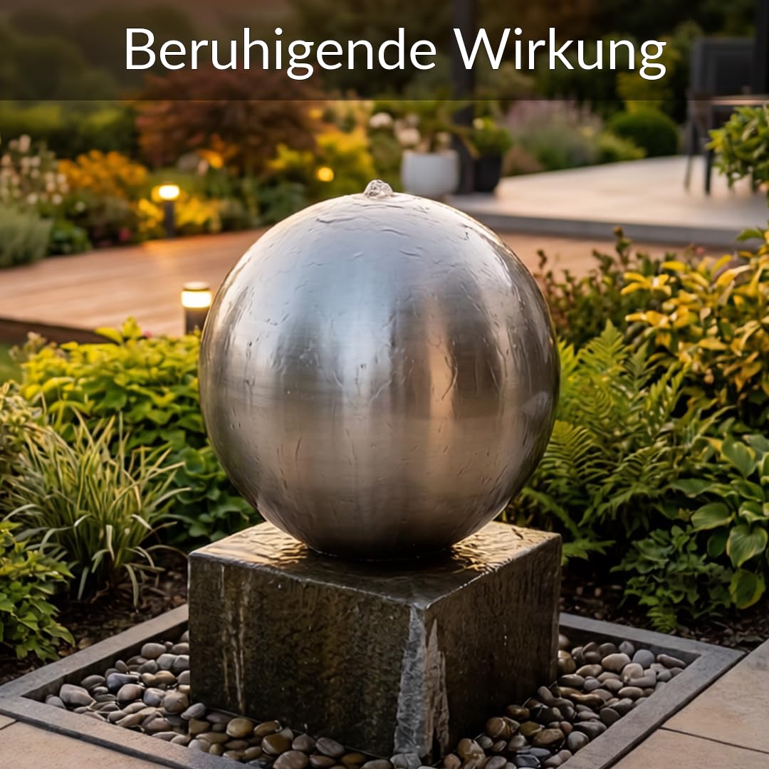 Kugelbrunnen aus matt gebürstetem Edelstahl D: 48 cm – Edelstahlkugel matt für Gartenbrunnen, Wasserspiel Garten, 30 mm Lochbohrung, 1/2 Zoll Schlauchanschluss, Edelstahlbrunnen für DIY Brunnenanlagen