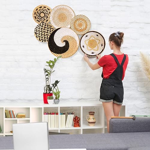 Miniatura 2 de Juego de 6 cestas de pared tejidas para colgar, grandes, redondas, rústicas, rústicas, modernas, decoración de pared de ratán y seegrass hecha a