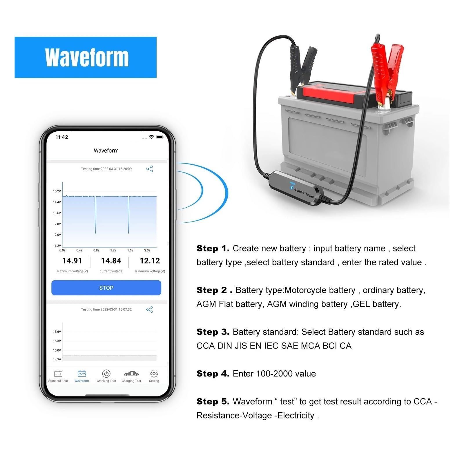 Tester AkumulatoróW Tester Akumulatora Motocykla Samochodowego Bluetooth 5.0 Analizator Akumulatora 6 V 12 V 100 Do 2000 CCA(Black)