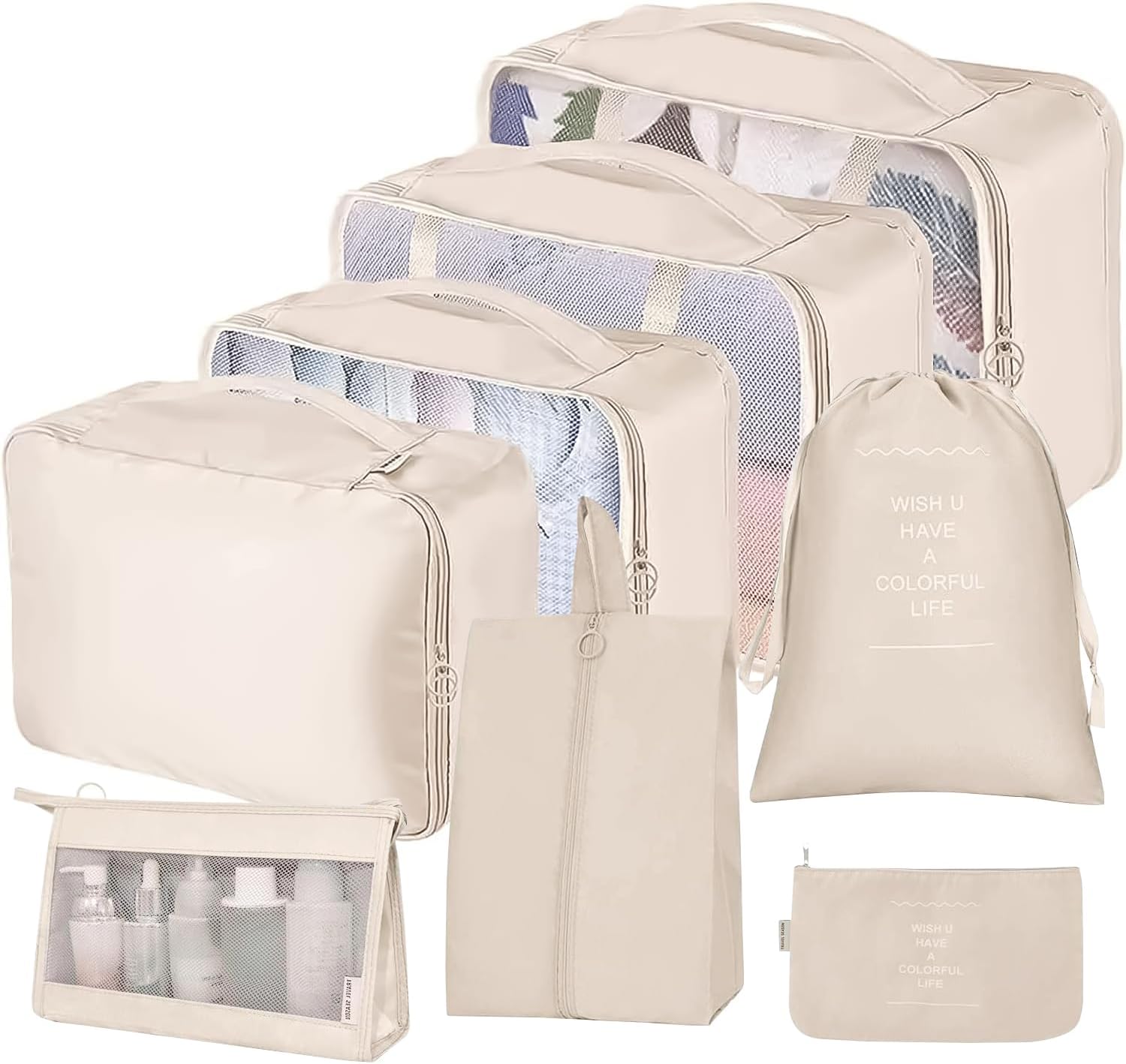 Necomi 8 Set Packing Cubes for Suitcases, Travel Luggage Organizer, Travel Packing Kit with Clothes Storage Bag & Shoes Bag & Toiletry Bag & Underwear Bag๏ผBeige๏ผ