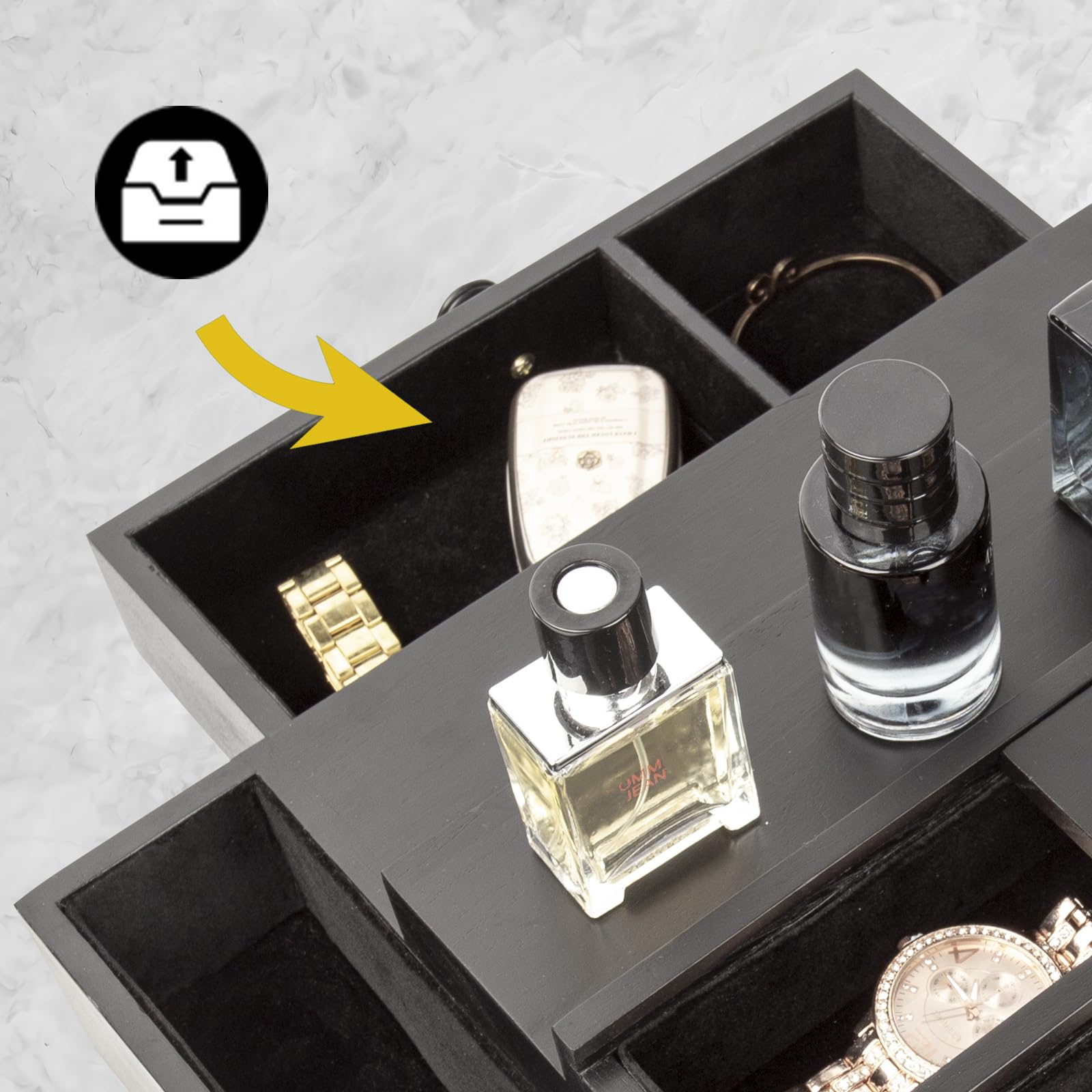 Organizador de Colonia Moderno 4 Niveles con Cajón & Almacenamiento Lateral - Estante Exhibidor de Madera con Forro de Franela Suave, para Hombre y Mujer, Organizador de Baño y Dormitorio