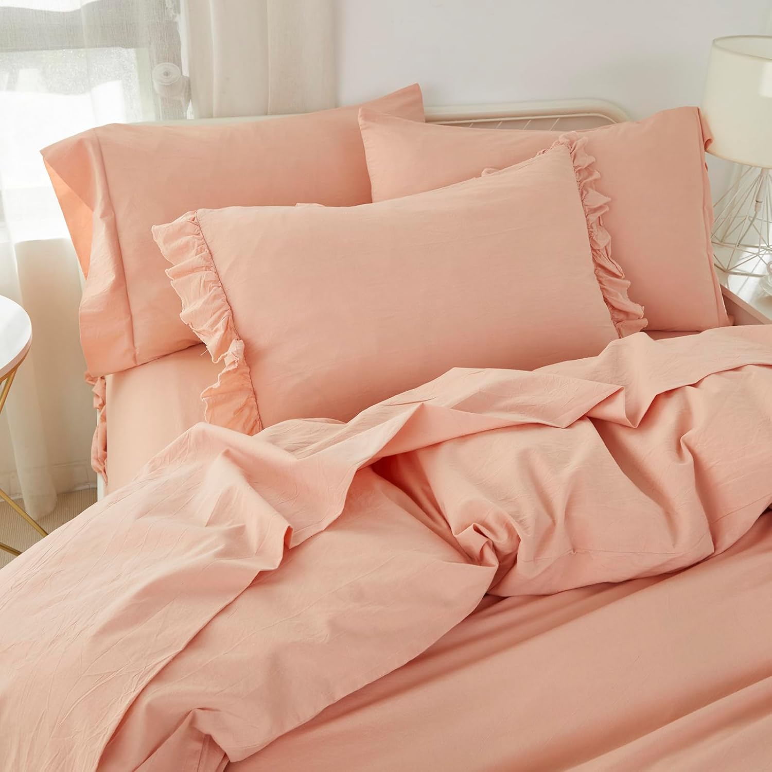 Brandream Twin Size Sheet Set 100% Washed Cotton Linen-Like Textured Minimalist Breathable Durable Soft Comfy Deep Pocket Cotton Bed Sheet Set 3 Pieces (Blush)