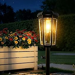 AGOTD Lampes solaires de jardin avec LED blanc chaud, lampes solaires étanches pour l'extérieur, métal noir et verre, design lanterne pour jardin, pelouse, terrasse, cour