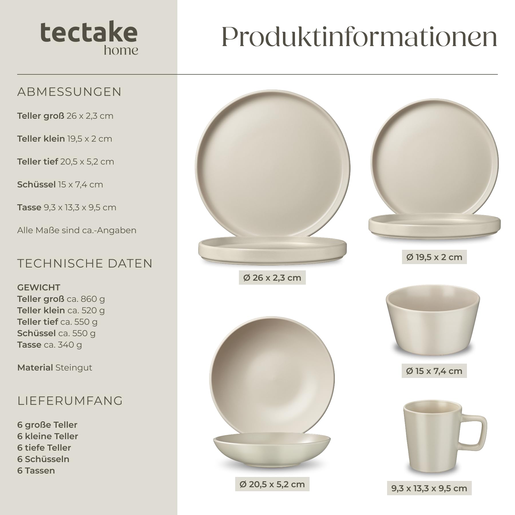 tectake® Küchenstarterset 6 Personen, Steingut Geschirr Set, Teller, 3 Pfannen, 2 Töpfe, rostfreies Aluminium, Kochtopf Set, Töpfe Set, kratzfest, inkl. 5 Küchenwerkzeuge - taupe/weiß, 46-tlg.