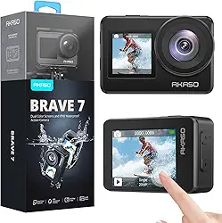 Akaso Câmera de ação Brave 7 4K30FPS 20MP WiFi com tela sensível ao toque IPX8 33FT à prova d'água EIS 2.0 Zoom suporta controle de voz de microfone externo com 2 baterias de 1350 mAh, câmera para