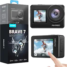 Akaso Câmera de ação Brave 7 4K30FPS 20MP WiFi com tela sensível ao toque IPX8 33FT à prova d'água EIS 2.0 Zoom suporta controle de voz de microfone externo com 2 baterias de 1350 mAh, câmera para