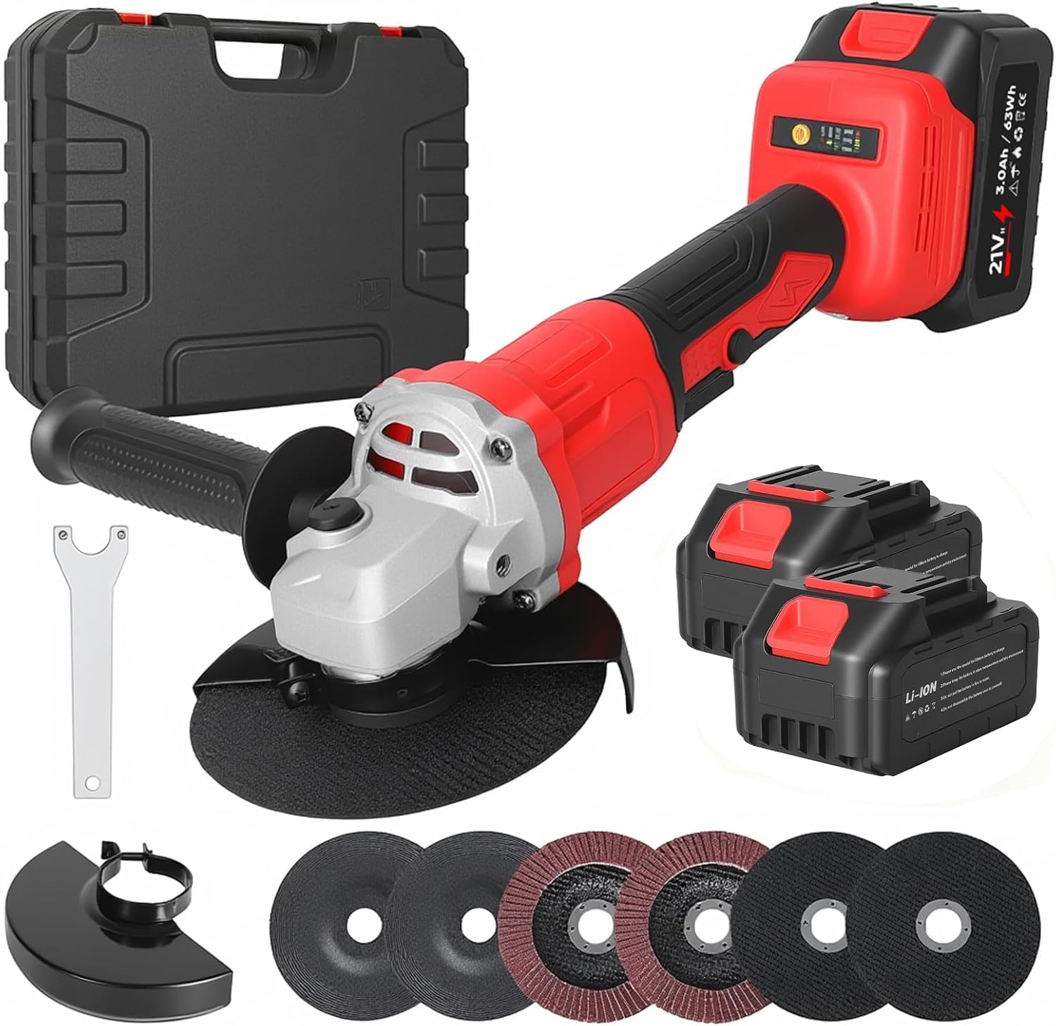 Amoladora angular con batería de 125 mm, batería de 21 V Flex con 2 baterías de 3,0 Ah y cargador, motor sin escobillas, amoladora angular con 6 hojas de sierra, 12000 rpm, para una separación precisa