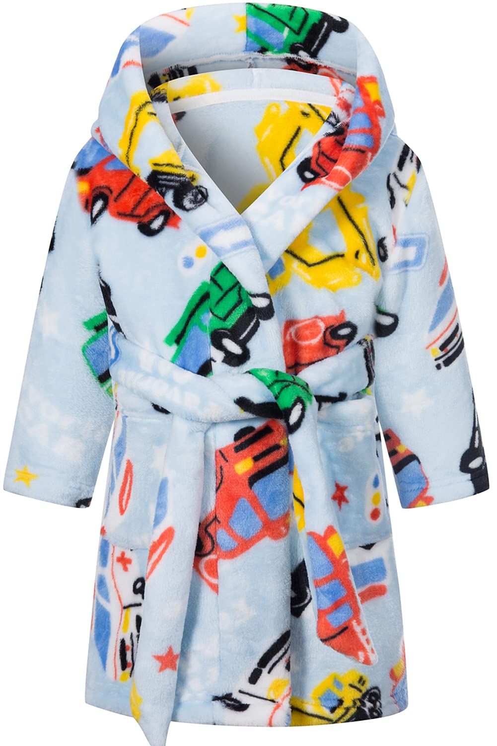 Kids Hooded Bathrobe Girls Soft Plush Flannel Pajamas Sleepwear Boys Spa Robe Blue Car 7-8 Years
