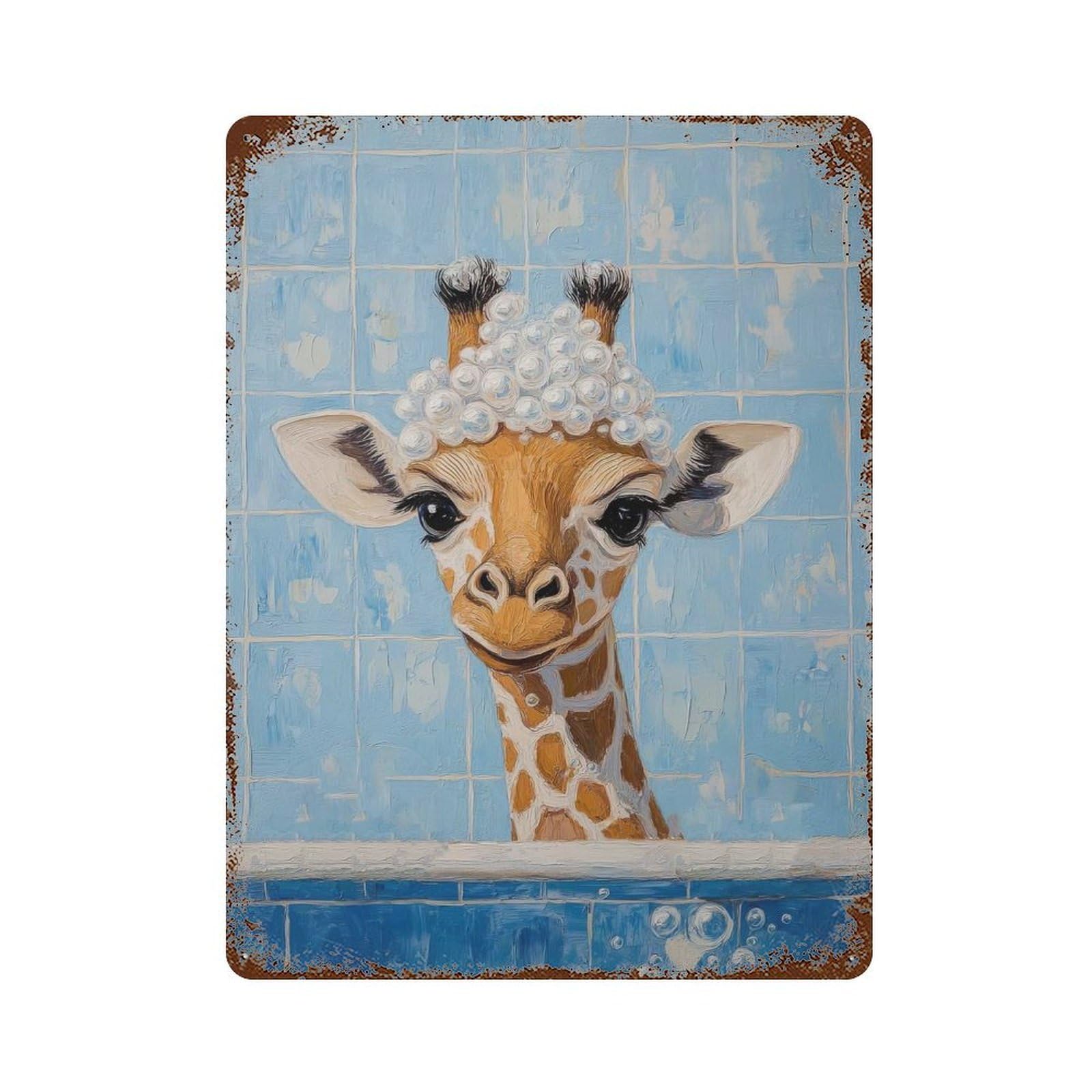Giraffe Bath Time Weathered Tin Sign 15.7"x11.8", Ideal for Shed, Workshop And Garage Wall Decor