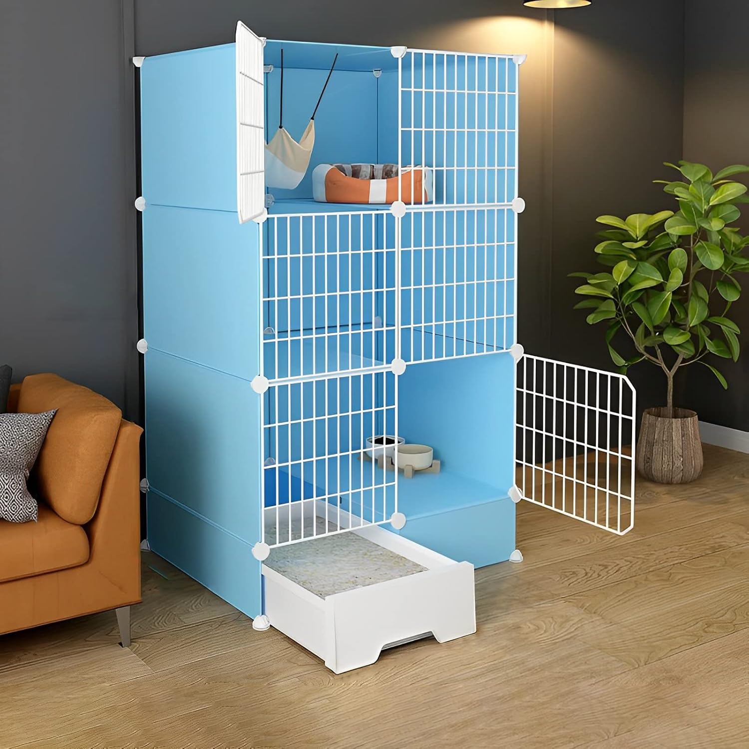 Indoor Cat Cage with Pull-Out Cat Litter Box, 2/3-Tier DIY Pet Playpen Detachable Dense Metal Wire Cat Villa Enclosure with Storage Cube Small Animal Fence House (Blue B)