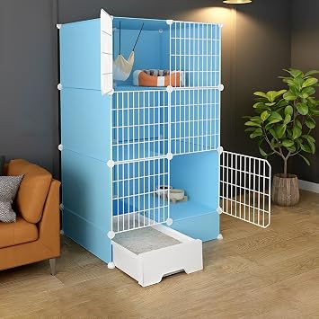Indoor Cat Cage with Pull-Out Cat Litter Box, 2/3-Tier DIY Pet Playpen Detachable Dense Metal Wire Cat Villa Enclosure with Storage Cube Small Animal Fence House,Blue-C-75 * 49 * 127cm