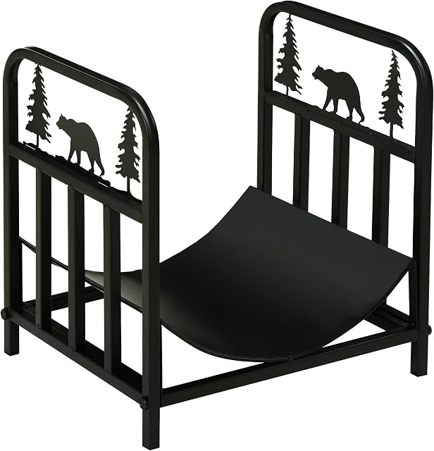 Outsunny Metal Firewood Log Holder Indoor Outdoor Firewood Rack Inner Arced Fireplace Wood Storage Shelf w/ Bear Shape Design, Rust-Resistant, Black, 42W x 33.5D x 43H cm