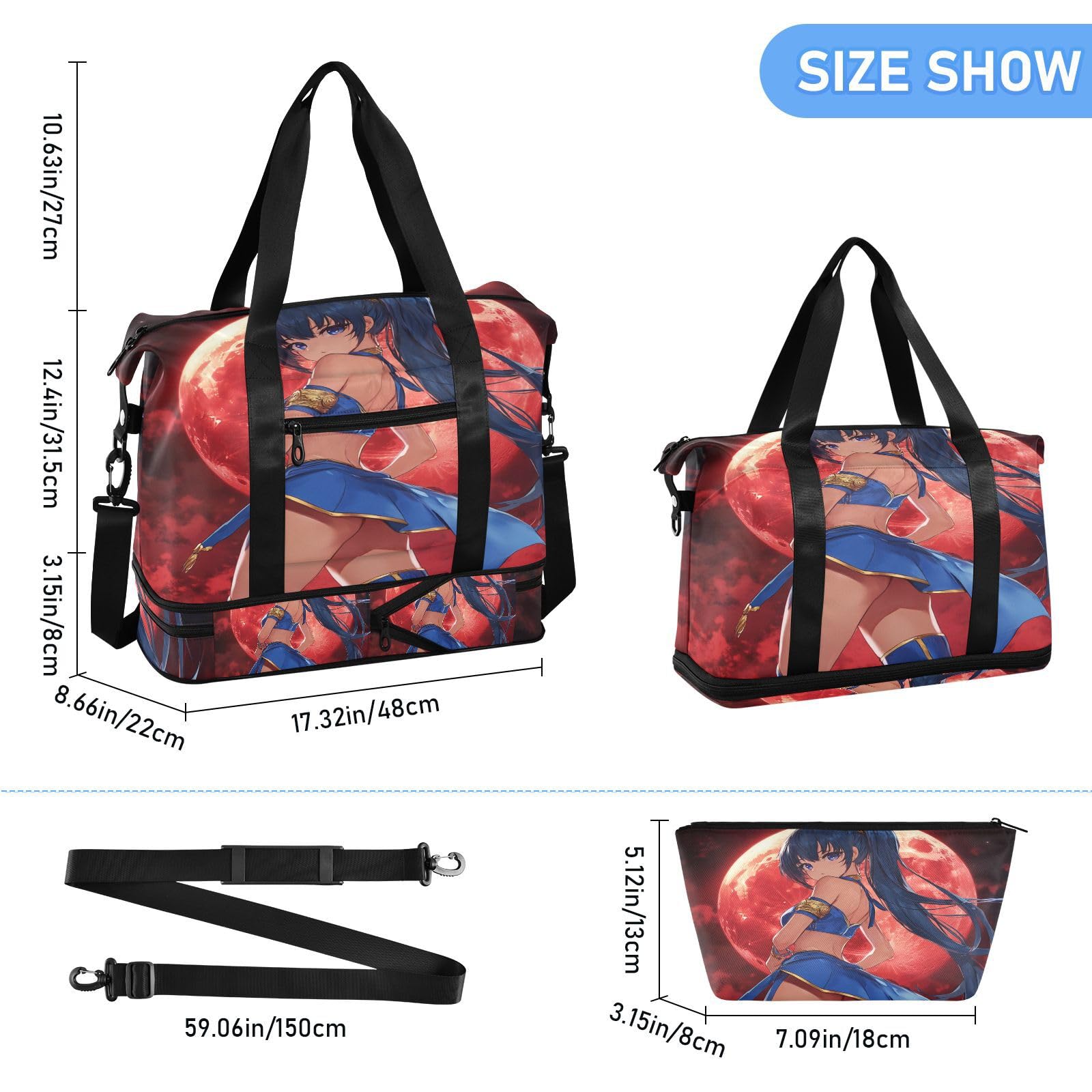 Bolsas de viaje de estilo anime, con fondo de luna roja, con bolsillo mojado, correa ajustable, para gimnasio, para viaje, juego de 2 piezas para hombres y mujeres