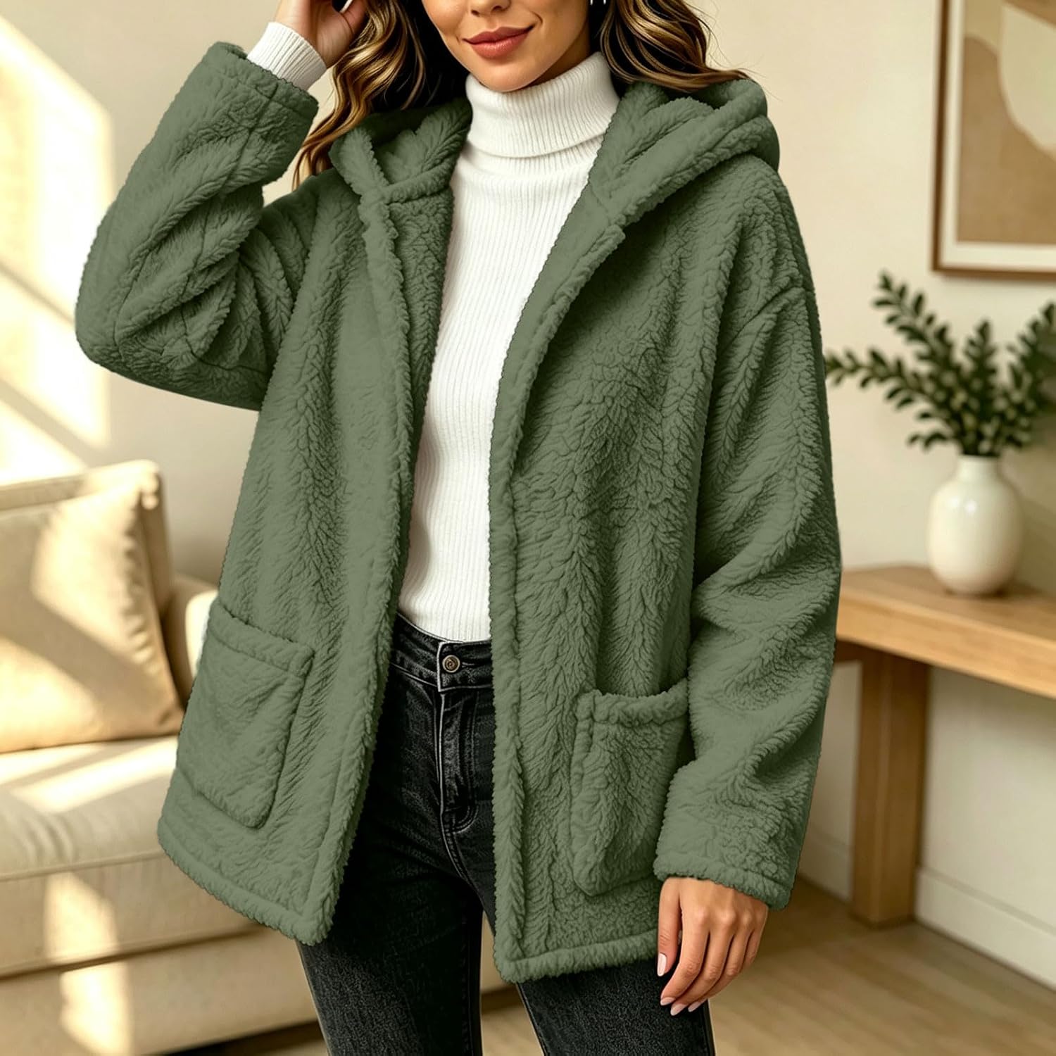Women Fluffy Fleece Cardigans Casual Winter Warm Jacket Outerwear