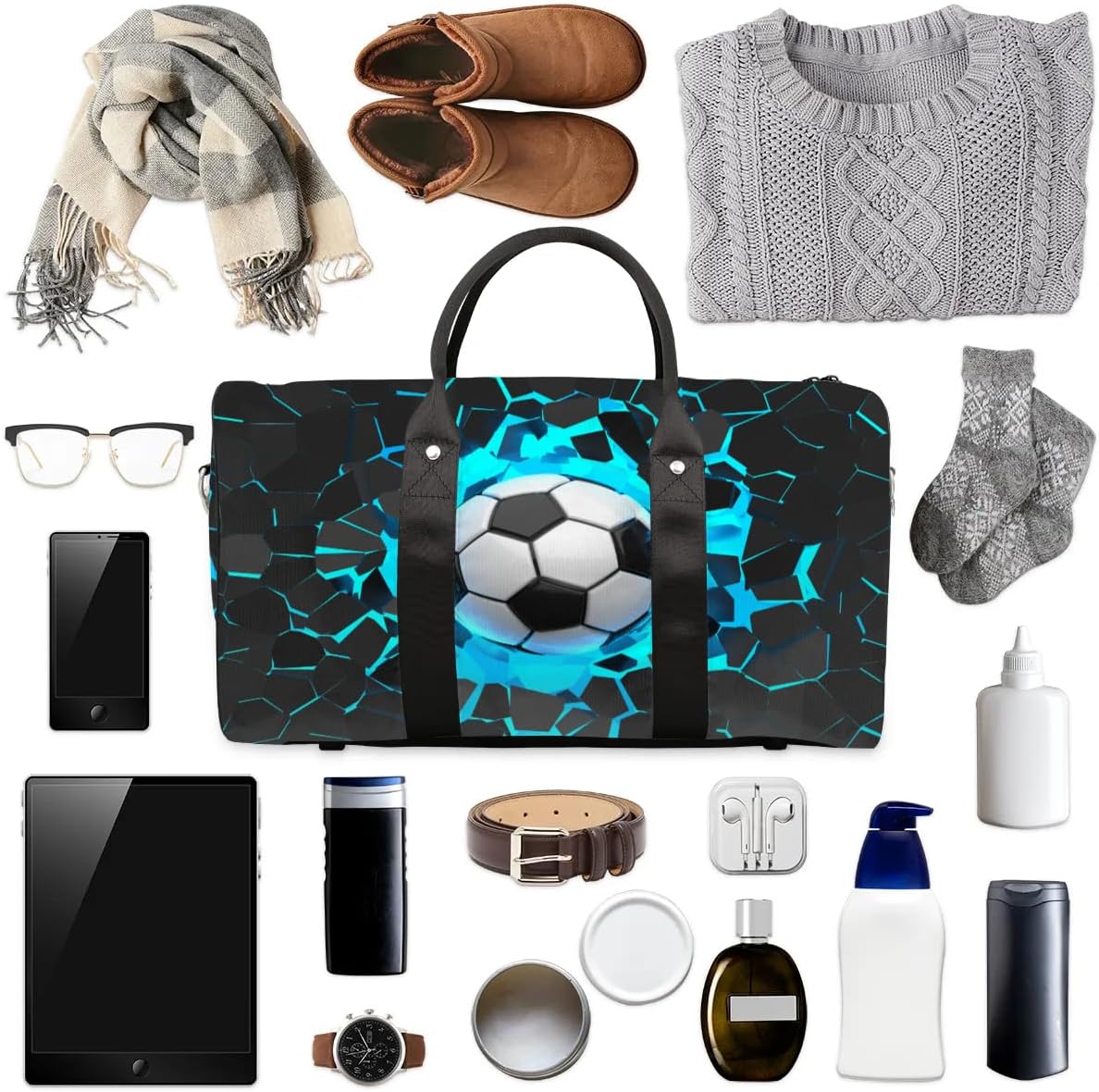 Travel Duffle Bags for Men,Custom 3D Light Wall Football Sports Overnight Bags Personalized Gym Bag Water Resistant Weekender Sleepover Carry On Bag