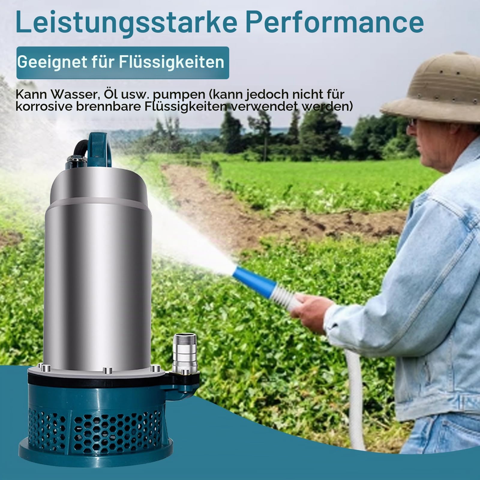 Tauchpumpe für Makita 18V Akku (Keine Batterie), Tragbare Wasserpumpe Sumpfpumpe mit 10m Schlauch, 5m Verbindungskabel, 16m Förderhöhe, für Pool Wasserbett Gartenbewässerung, Bürstenloser Motor