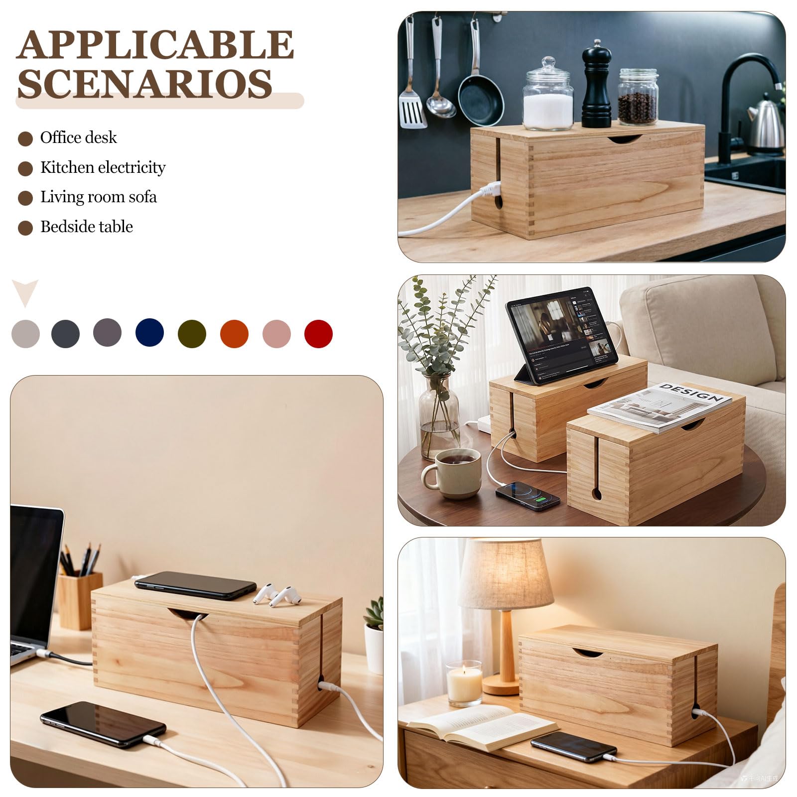 2 PCS Caja Organizadora Cables Madera con Velcro, Esconder Cables y Regletas, Caja Recoge Cable Escritorio, Grande et Pequefia, Cable Management Box, Ocultar, Natural