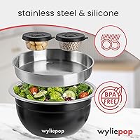 Vista 6 de Kit de ensaladera de acero inoxidable de 64 onzas y 3 cubiertos de bambú con 2 recipientes para condimentos, bandeja de inserción, cuenco y tapa a