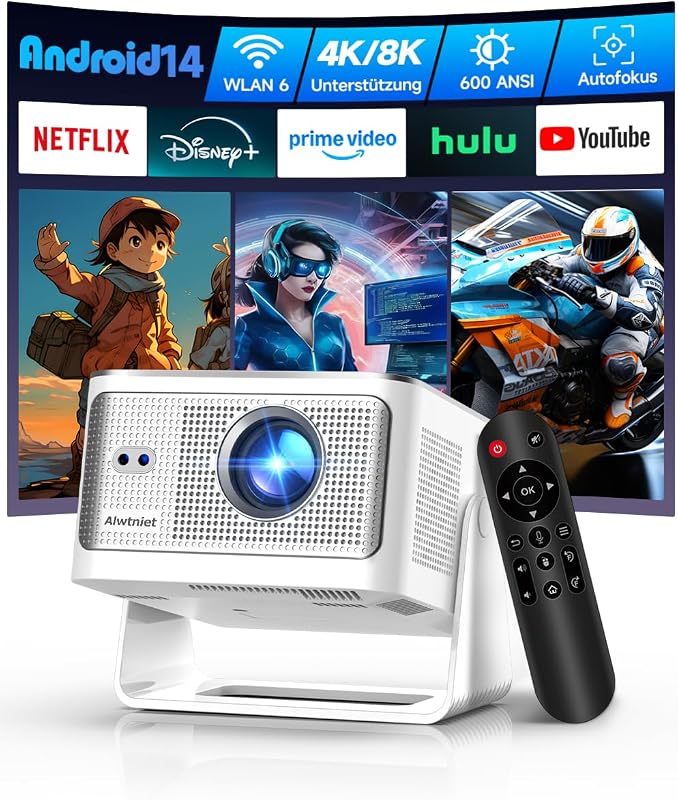 Alwtniet Proyector Portatil 4K 8K, Native Full HD 1080P Mini Projetor Android 14, WiFi 6 Bluetooth 5.4, Autoenfoque 6D Auto Keystone 180° Rotación para Cine Móvil en Casa Smart TV Tiro Ultra Corto