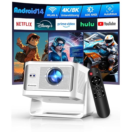 Alwtniet Vidéoprojecteur 4K 8K supporte [Native 1080P&App intégrée] Mini Projecteur Portable WiFi 6 Bluetooth 5.4 Android 14 Autofocus/Obstacle Avoidance/6D Keystone Ultra Courte Focale Rotation 180°
