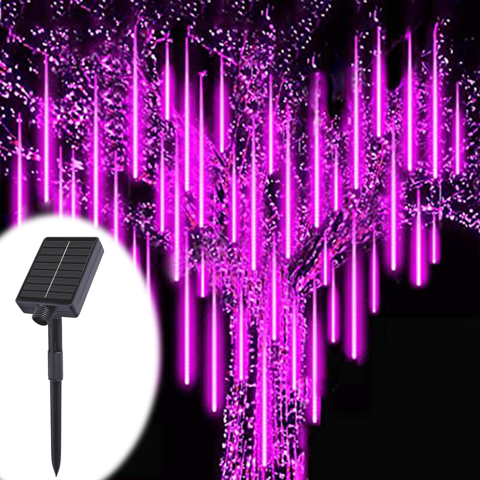 ACESOME Solar Outdoor Christmas Lights, Meteor Shower Lights, 30CM 8 Tube Icicle Lights Outdoor, Waterproof Falling Rain Light for Halloween, Xmas Decorations, Window, Wedding & Party (Purple)