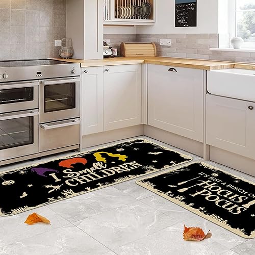 Miniatura 4 de Juego de 2 tapetes de cocina de Halloween, diseño de brujas para niños, decoración de cocina de Halloween para suelo de 17 x 27 + 17 x 47 pulgadas
