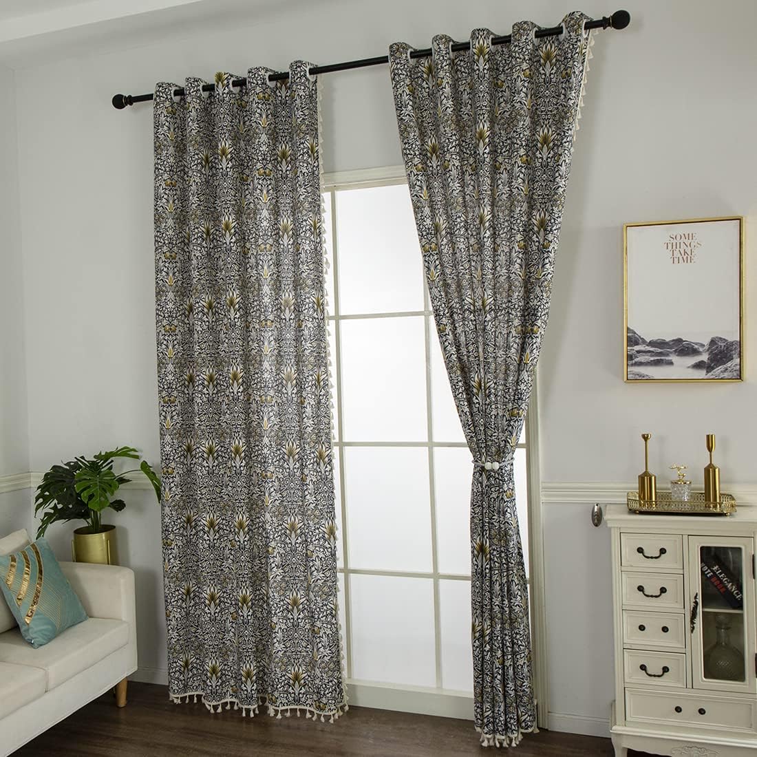 vctops Farmhouse Cotton Linen Window Curtain Panel with Tassels Floral Print Grommet Top Room Darkening Curtain Panel for Bedroom Living Room, 1 Piece (59"x102",Yellow)