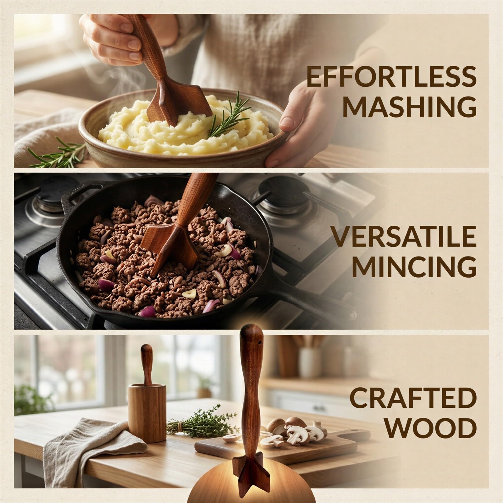 Kartoffelstampfer aus Holz, ergonomisches Küchenutensil aus Naturholz, Mehrzweck-Lebensmittelmixer und Zerkleinerer für Rinderhackfleisch und Kartoffelbrei, langlebiger V-förmiger Kopf