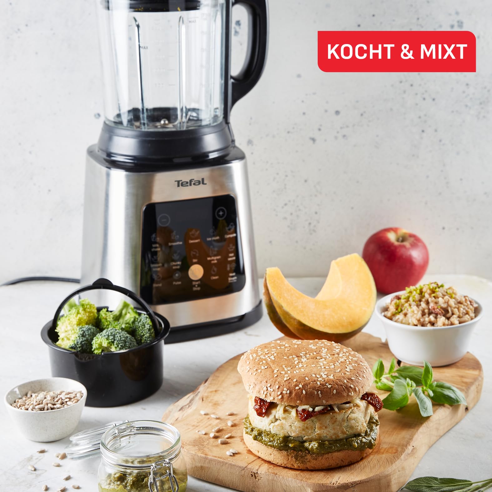 Tefal PerfectMix Cook Hochgeschwindigkeits-Standmixer, mit Kochfunktion, 1400-Watt-Motor, 10 Auto-Programme, heiße und kalte Rezepte, abnehmbare Klingen, inkl. Dampfkorb, Silber/Schwarz, BL83SD30