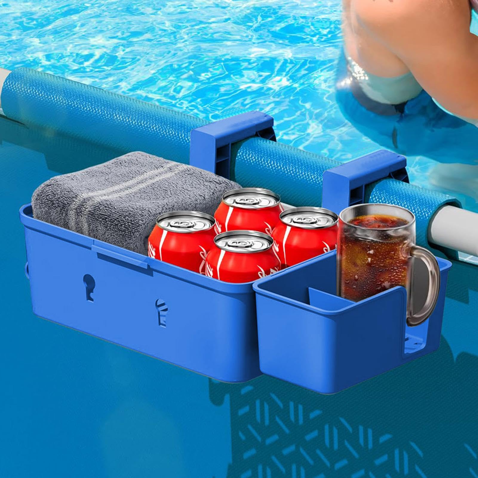 Panier De Rangement Pour Bord De Piscine Hors Sol - Porte-bouteilles Et Accessoires - ABS Épais Bleu/Gris 42x21x13 Cm