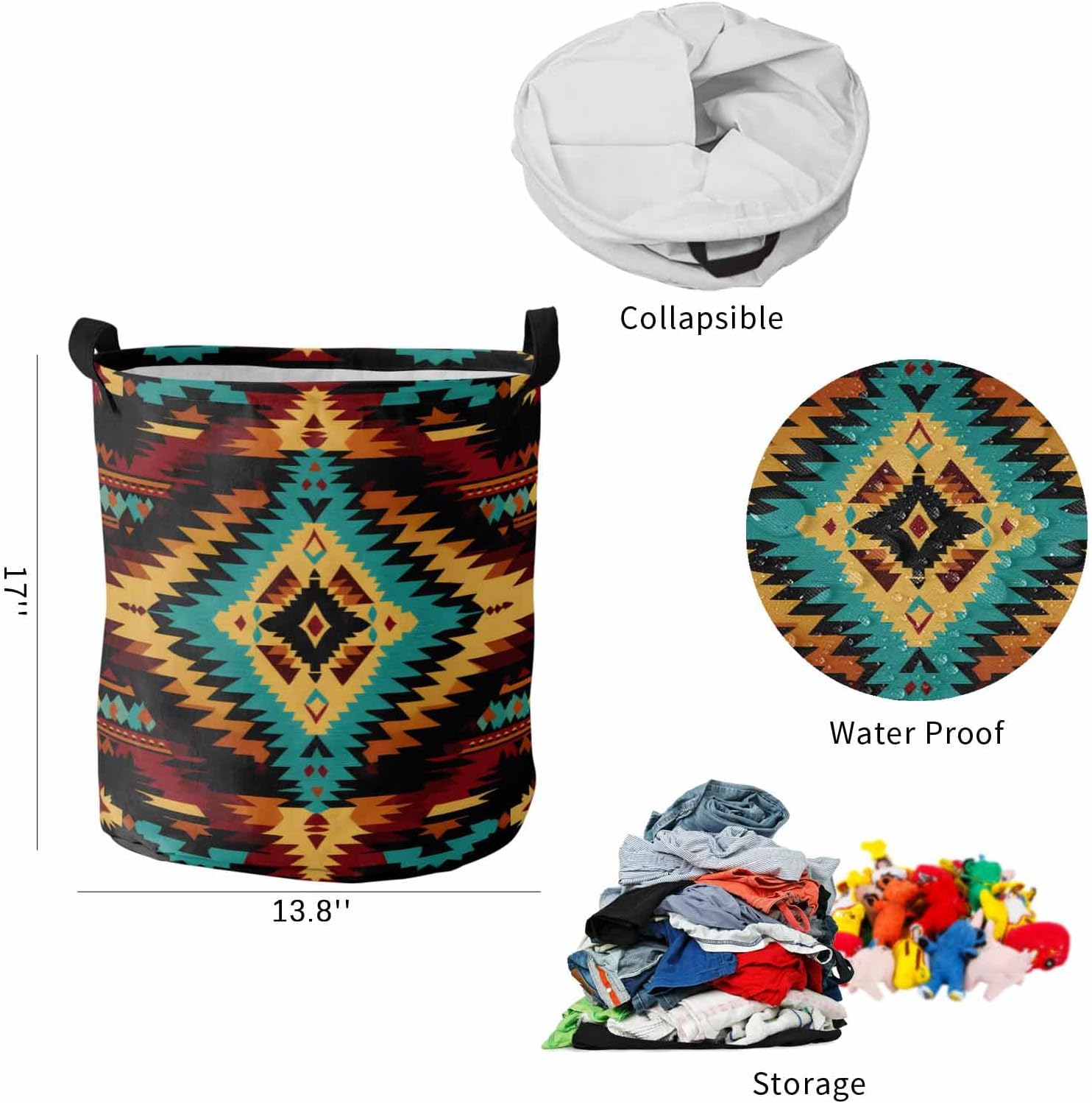 Boho Orange Teal Laundry Basket Small 13.8"x17" Waterproof Laundry Hamper, Southwestern Ethnic Abstract Geometric Toys Blankets Storage Baskets Clothes Hamper for Bathroom Living Room