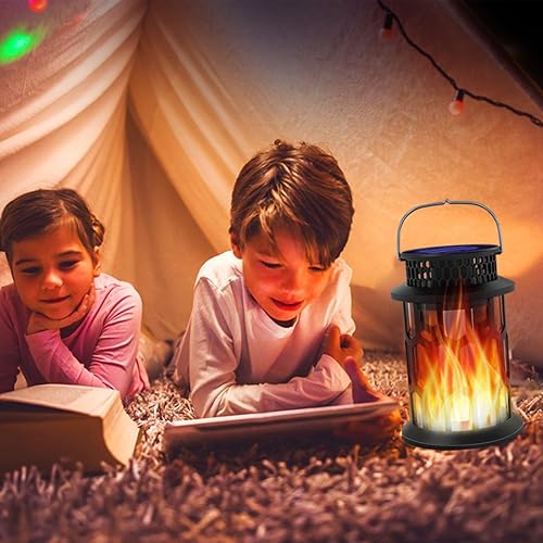 Miniatura 9 de Faroles solares impermeables para exteriores, paquete de 2 faroles solares colgantes de llama parpadeante, iluminación decorativa inalámbrica para